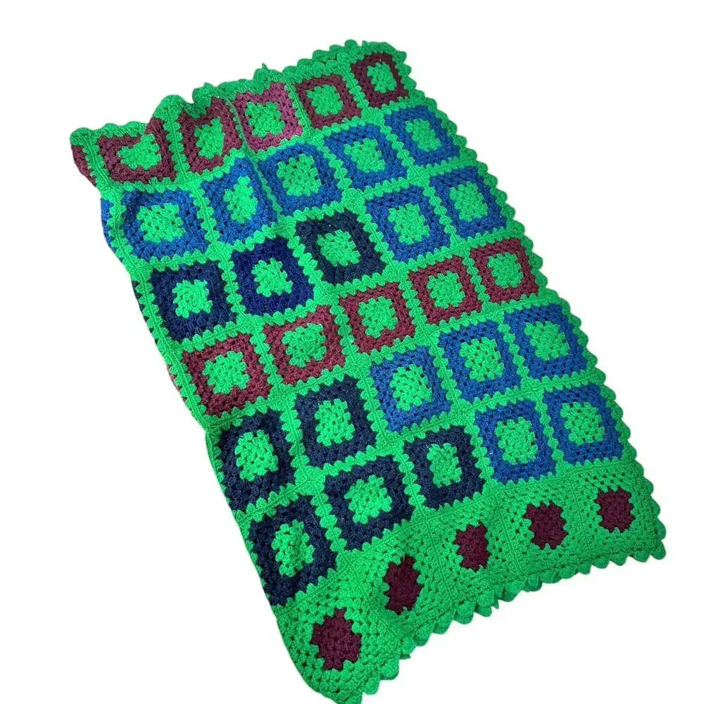 Vintage Granny Square Handmade Afghan Knitted Throw Blanket Multicolor 38”x50”